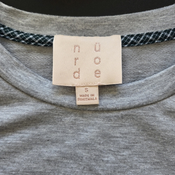 Anthropologie NuRode Gray Pullover Sweatshirt, Boho Green Ruffle Plaid Sleeve SM - Picture 6 of 8